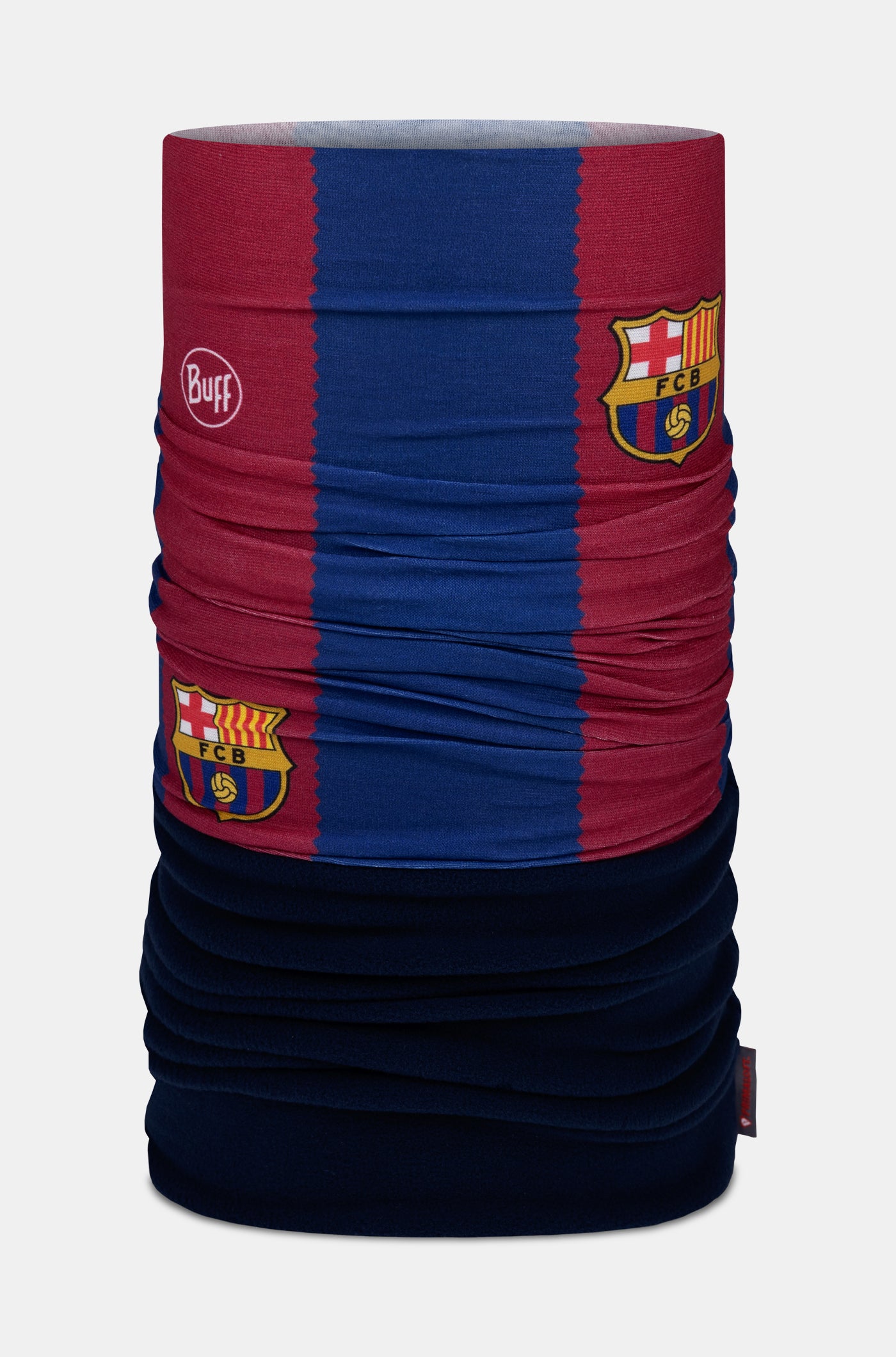 FC Barcelona Buff-style neck gaiter with red and blue vertical stripes, multiple club crests, and a black lower section