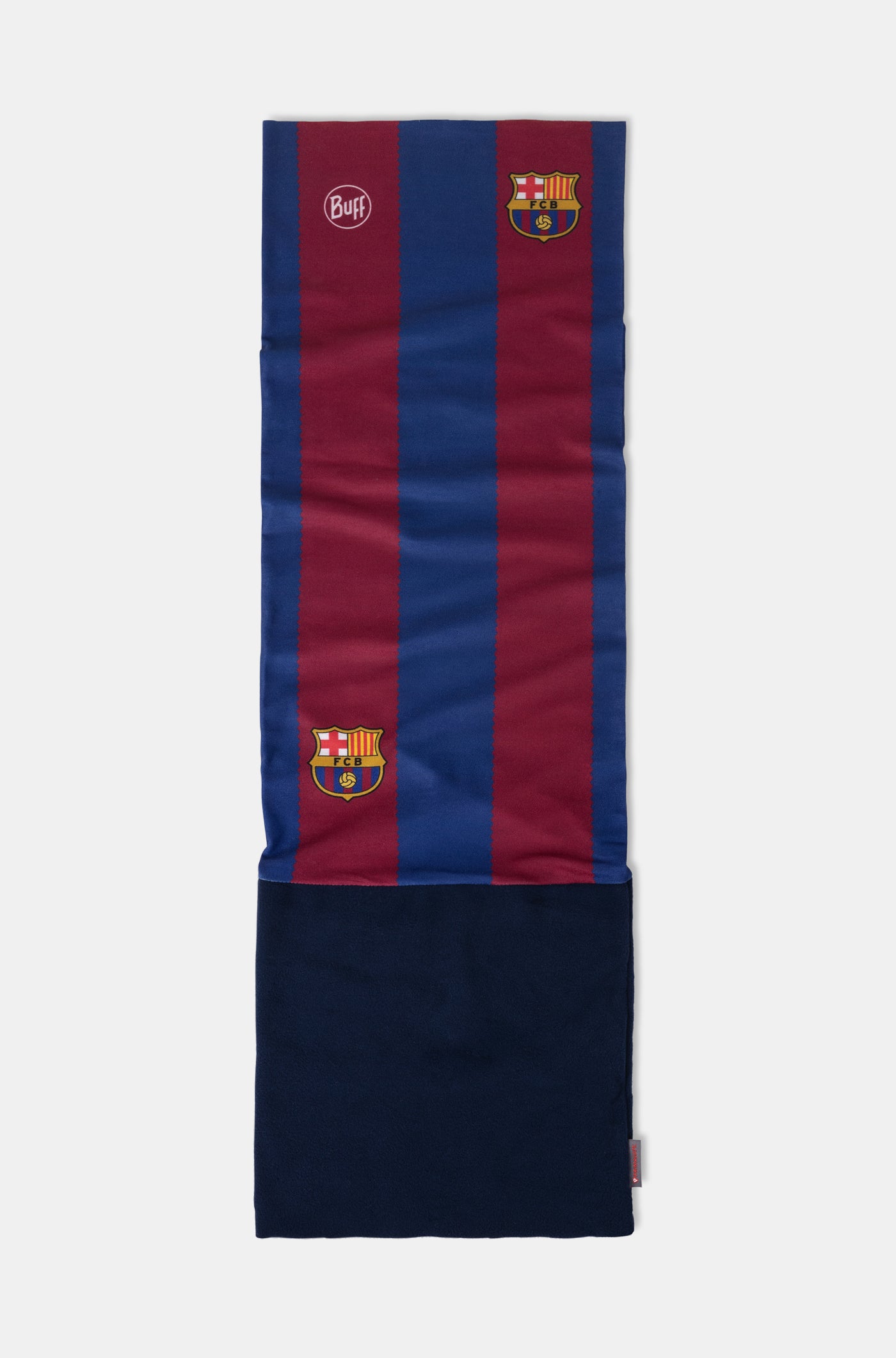 FC Barcelona Buff-style neck gaiter with red and blue vertical stripes, multiple club crests, and a black lower section