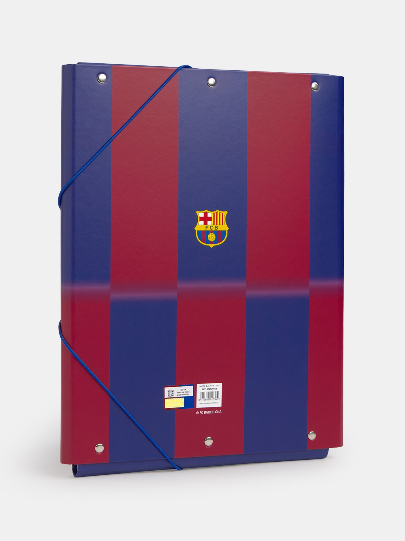 Red and blue striped folder with elastic bands and FC Barcelona crest with 'Barça' text on the front