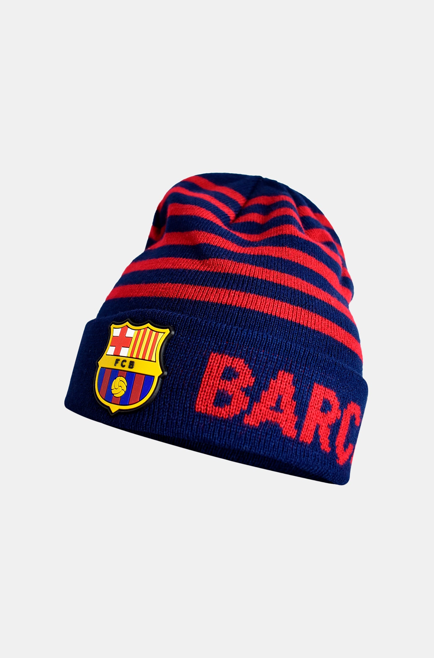 Navy blue and red striped beanie with the FC Barcelona crest and 'BARÇA' text on the cuff.