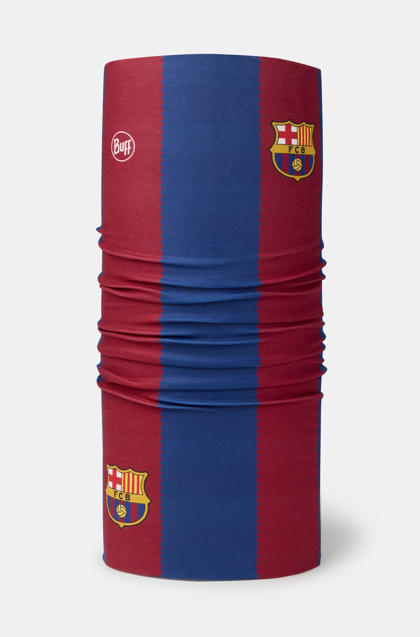 FC Barcelona Buff-style neck gaiter with vertical red and blue stripes, featuring the club crest and Buff logo