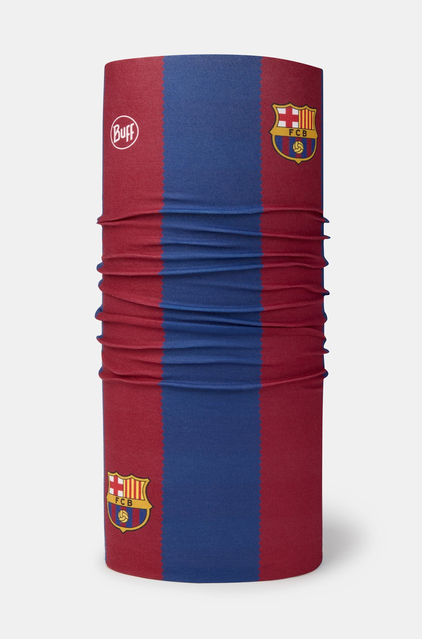FC Barcelona Buff-style neck gaiter in red and blue vertical stripes, featuring multiple club crests and the Buff logo