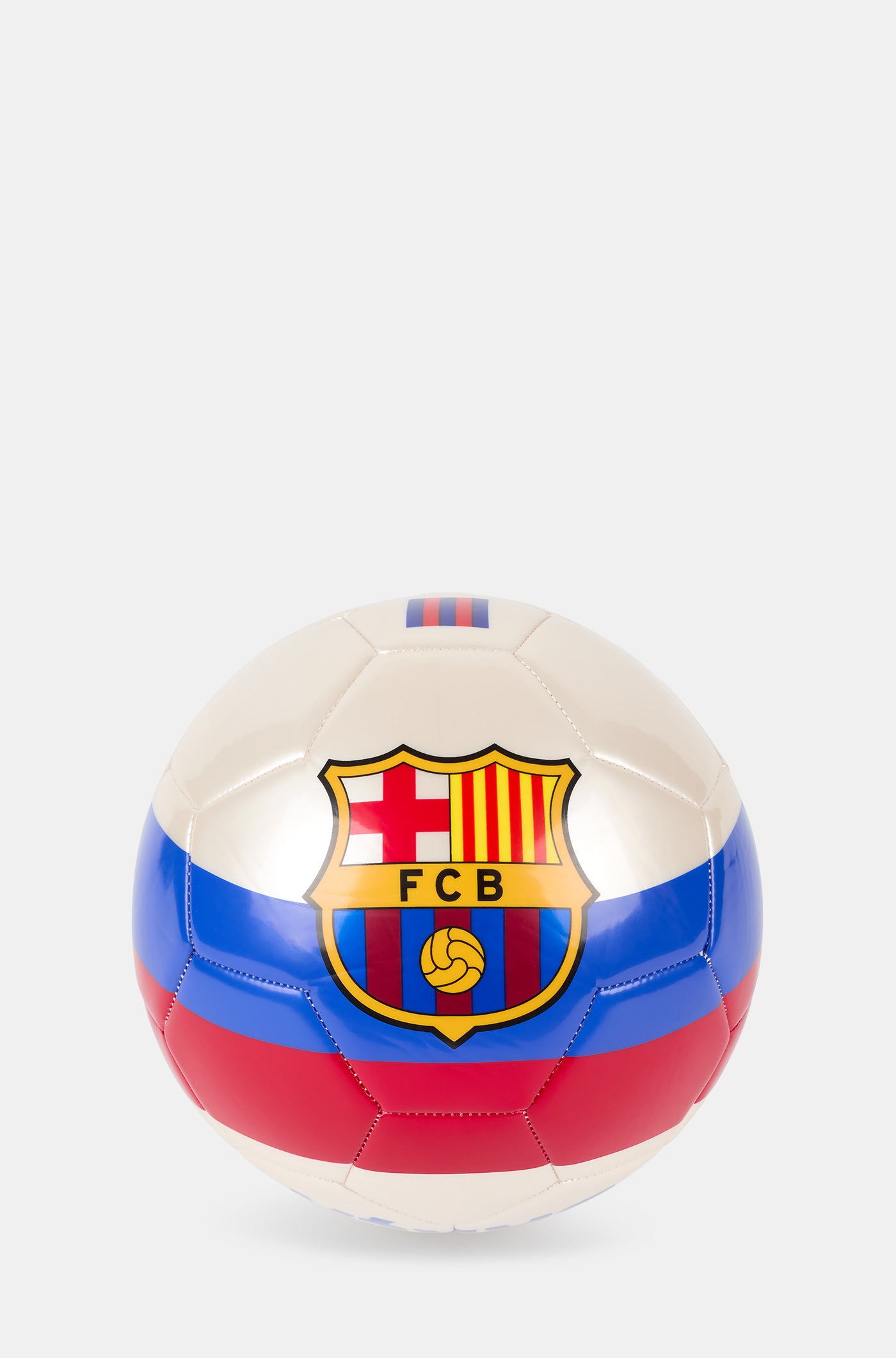 White football with blue and red stripes, featuring a large FC Barcelona crest in the center