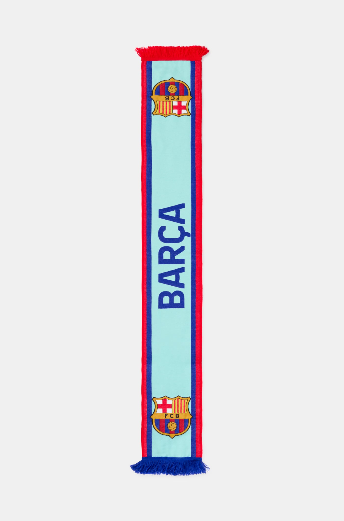 Light blue FC Barcelona scarf with red and blue borders, featuring the word 'BARÇA' in dark blue and the club crest at both ends.