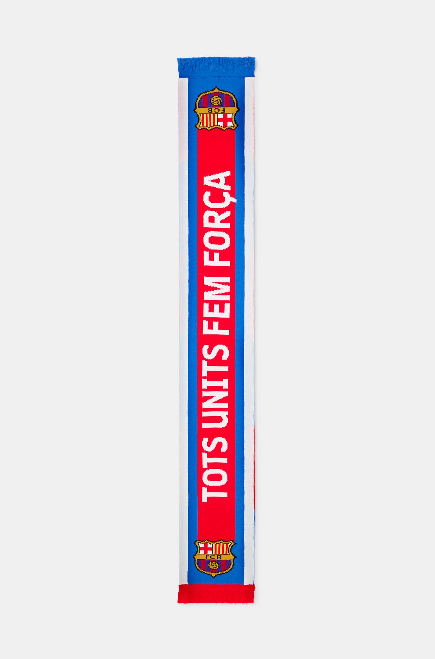 Red and blue FC Barcelona scarf with the club crest at both ends and the word 'BARÇA' in bold white letters in the center