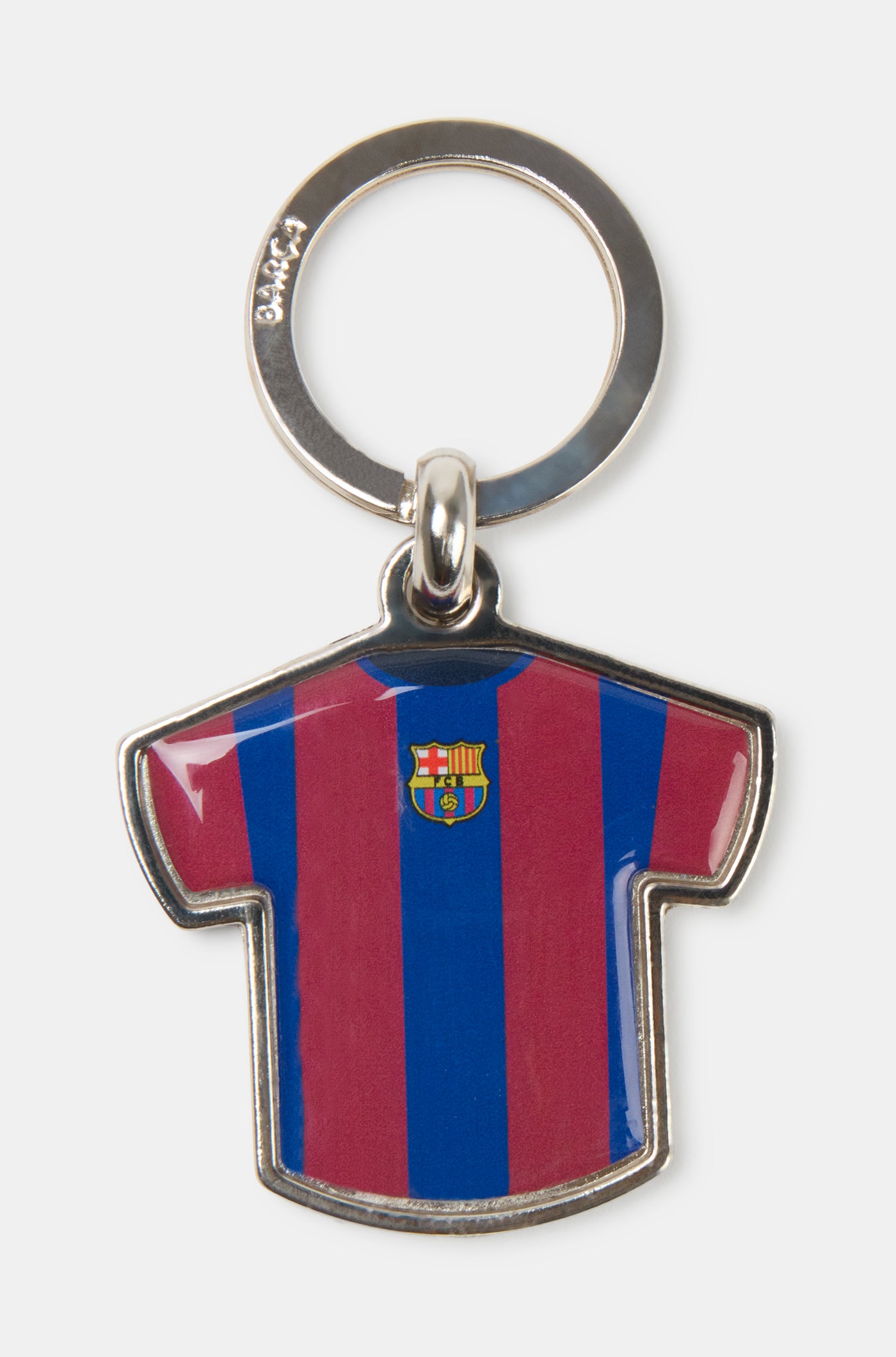 Keychain shaped like an FC Barcelona home jersey with blue and red vertical stripes and the club crest in the center