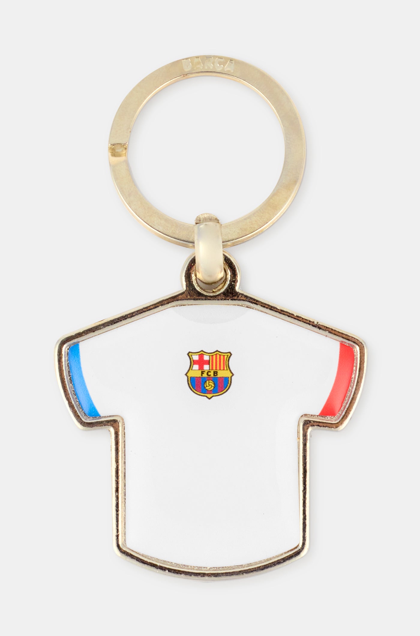 Keychain shaped like a white FC Barcelona jersey with blue and red sleeve accents and the club crest in the center