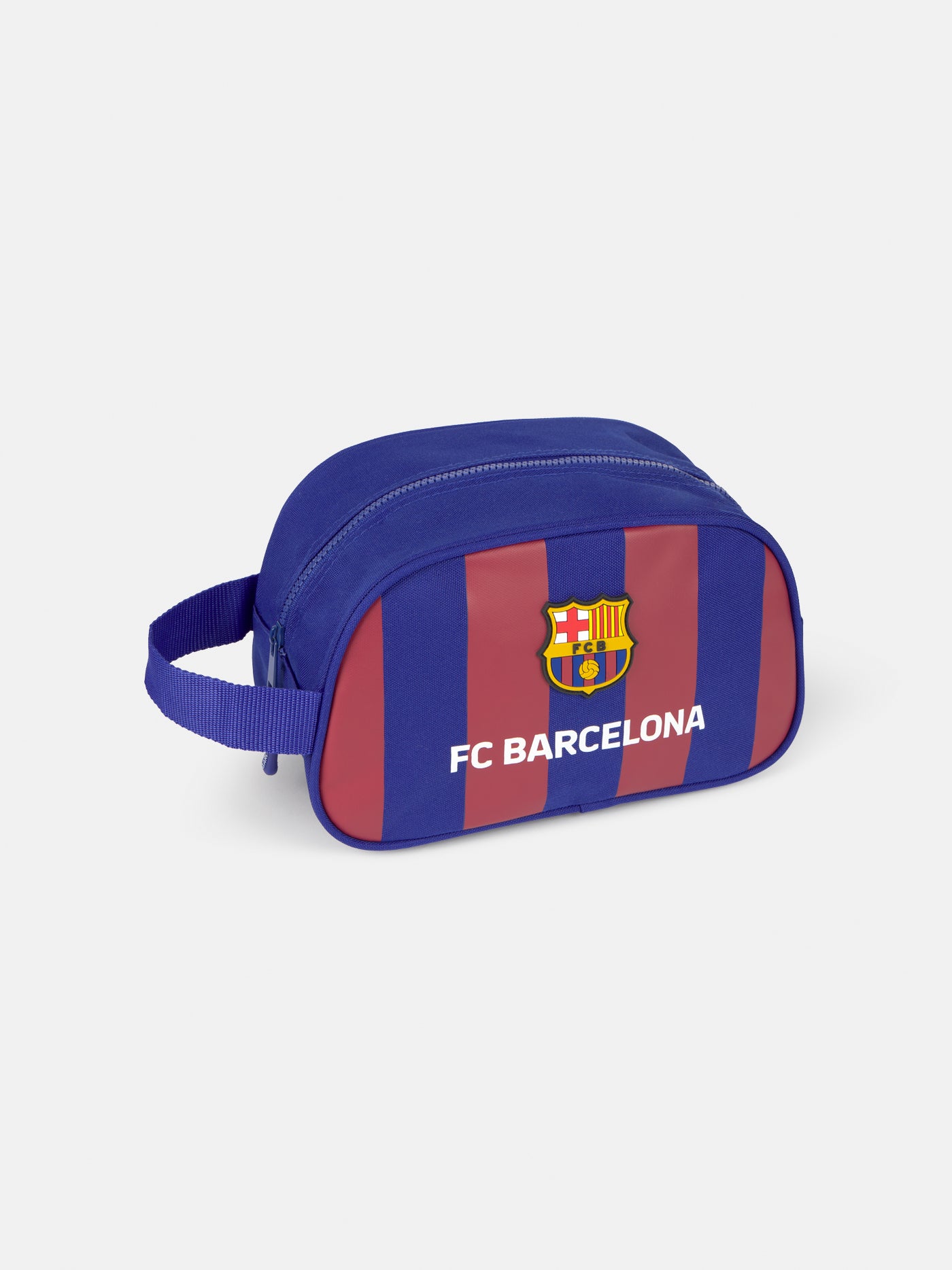 Blue and maroon striped toiletry bag with the FC Barcelona crest and 'FC BARCELONA' text on the front