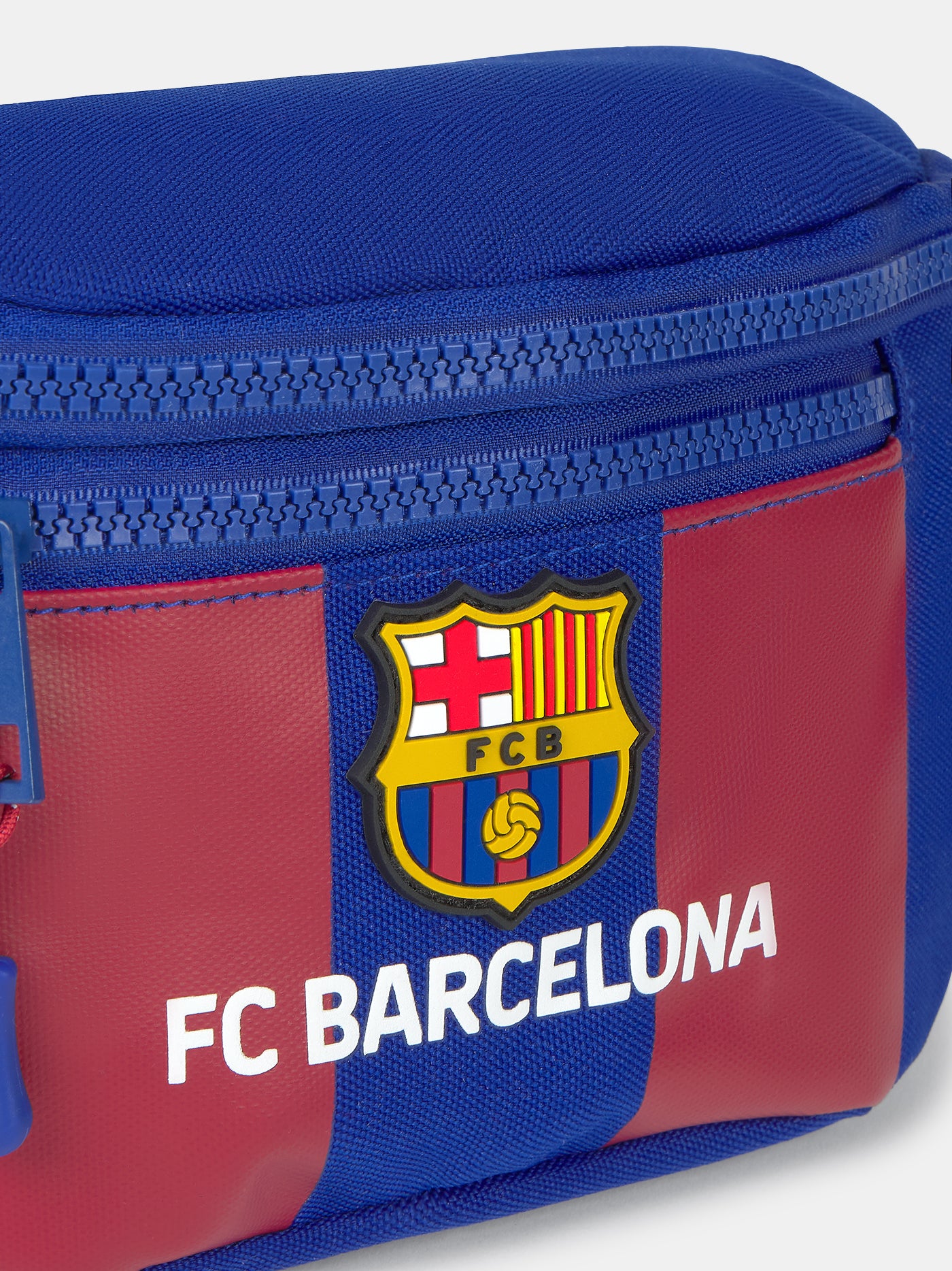 Blue and maroon striped waist bag with the FC Barcelona crest and 'FC BARCELONA' text on the front.