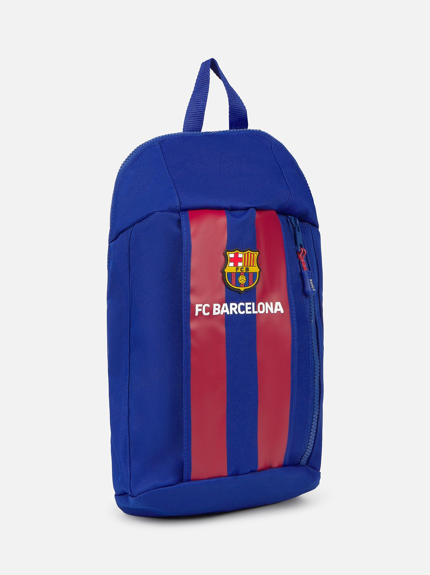 Blue backpack with vertical maroon stripes, featuring the FC Barcelona crest and 'FC BARCELONA' text on the front