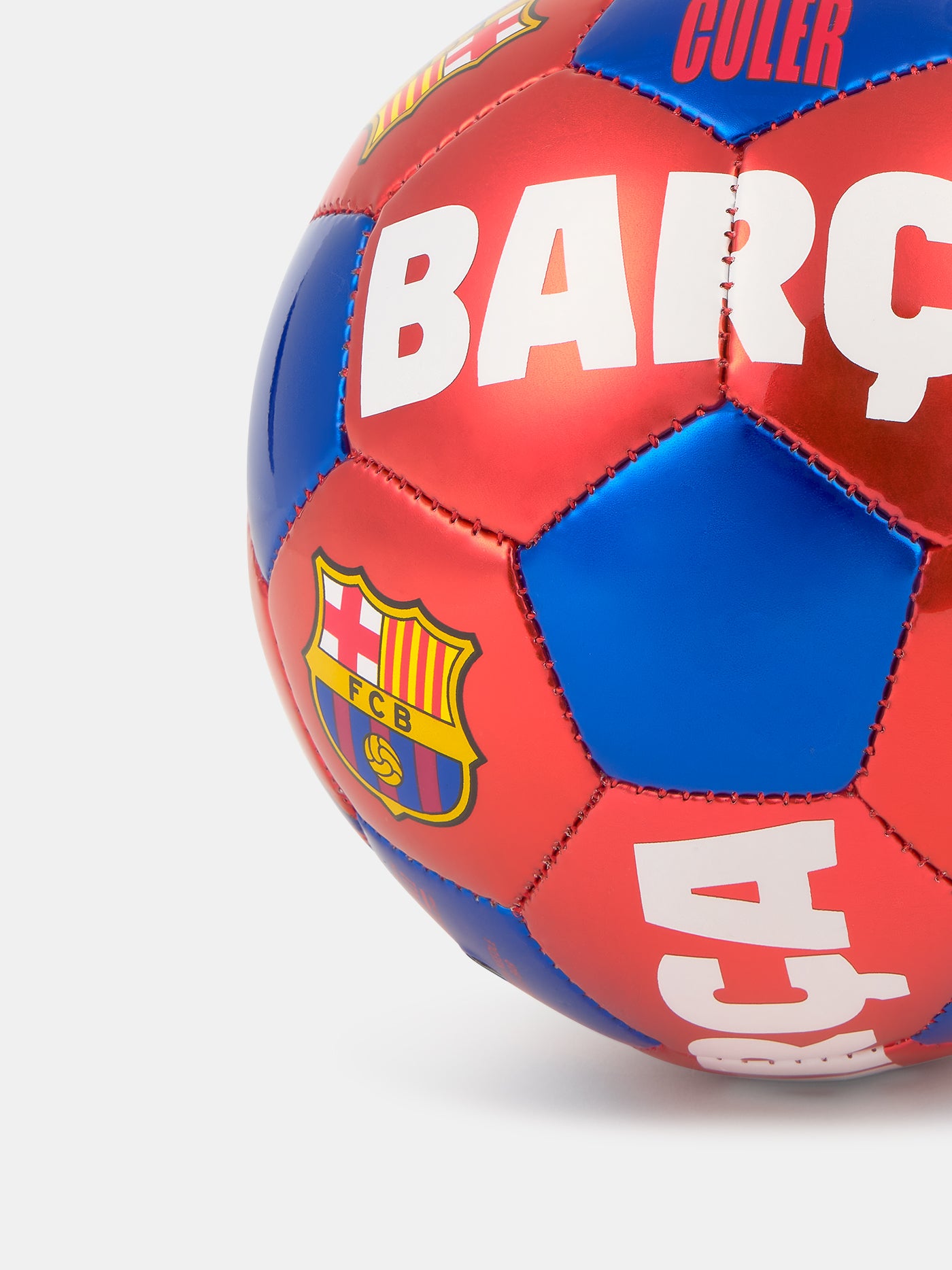 Red and blue metallic football featuring multiple FC Barcelona crests and bold white text that reads 'BARÇA' and '100% CULER