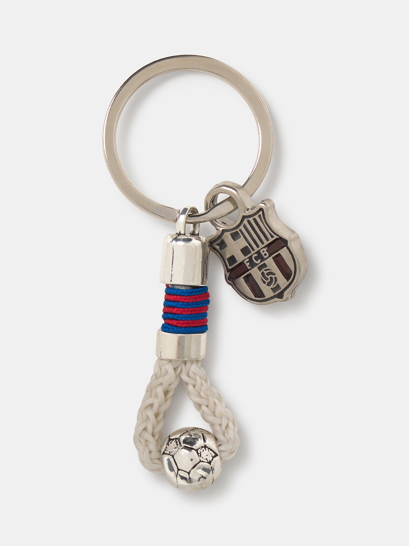 FC Barcelona keychain with metal crest, braided rope, and silver football charm.