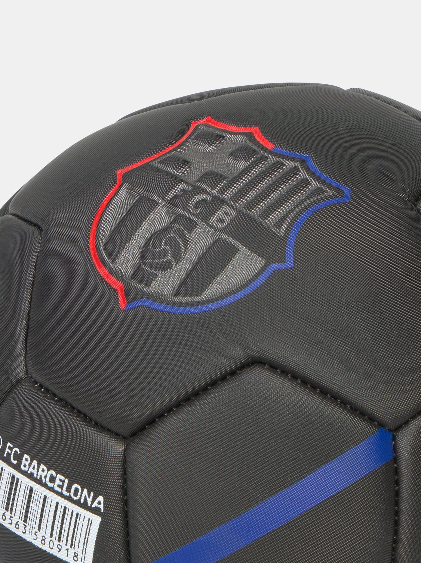 Black size 2 football with red and blue accents, featuring the FC Barcelona crest and the word 'BARÇA' in bold red letters