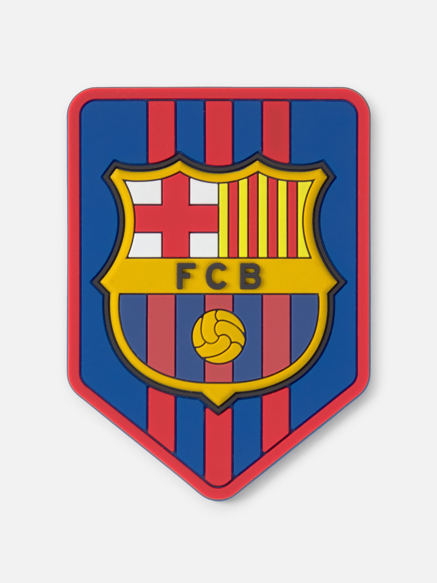 Shield-shaped badge with blue and maroon stripes featuring the FC Barcelona crest in the center