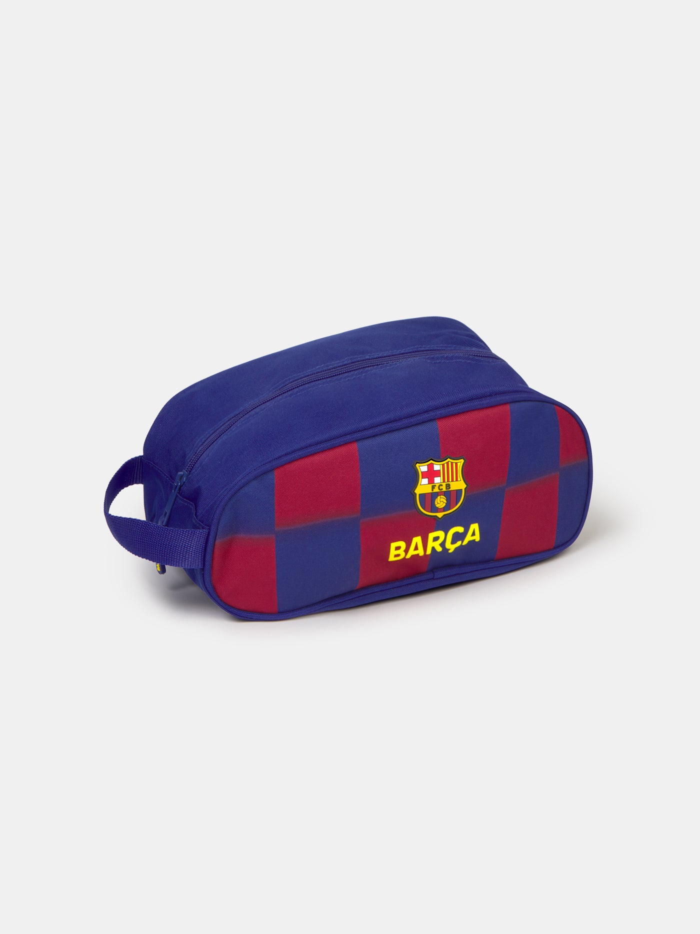 Red and blue checkered toiletry bag with FC Barcelona crest and 'Barça' text on the side.