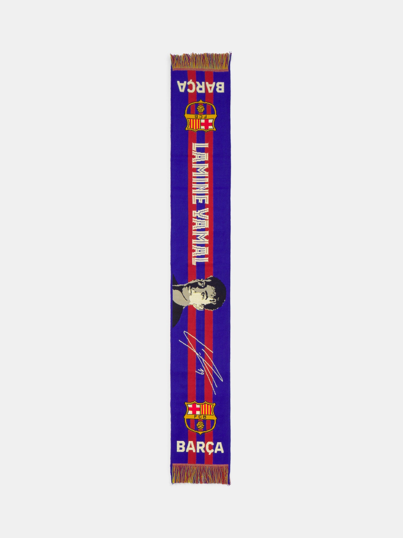 FC Barcelona scarf in blue and red with club crest, 'Lamine Yamal' text, and player portrait