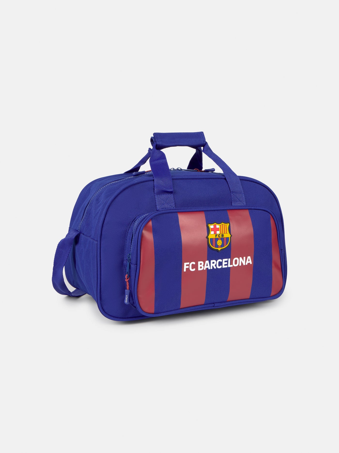 Blue and maroon striped sports duffle bag featuring the FC Barcelona crest and 'FC BARCELONA' text on the front pocket.