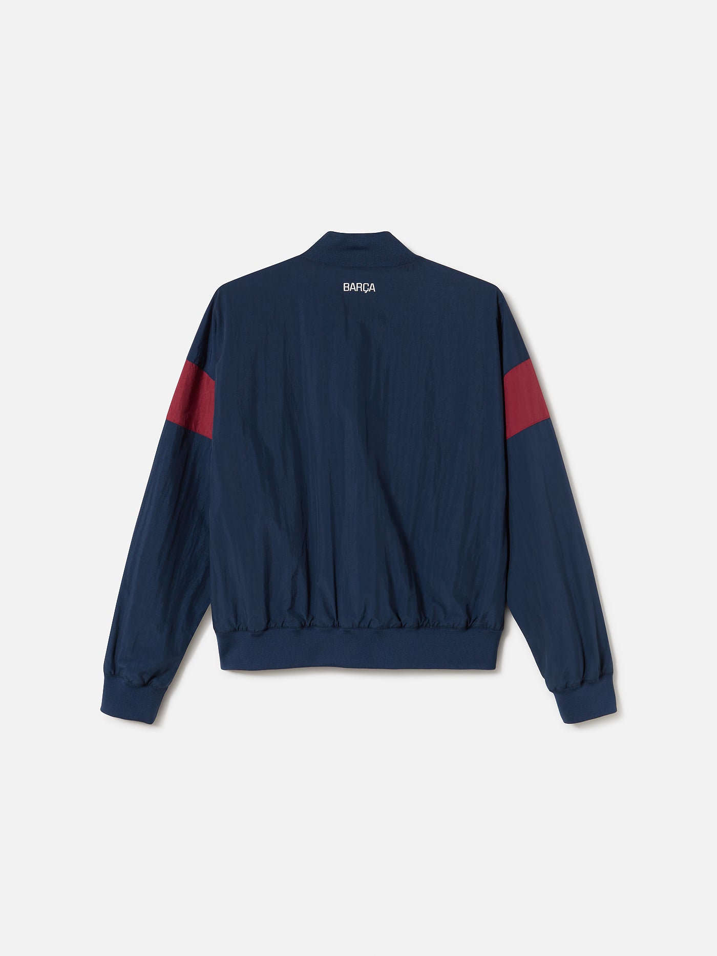 Navy blue FC Barcelona bomber jacket with red bands on the sleeves. The jacket features the club crest on the left chest and the year "1899" on the right chest, with a front snap button closure and ribbed cuffs and hem.