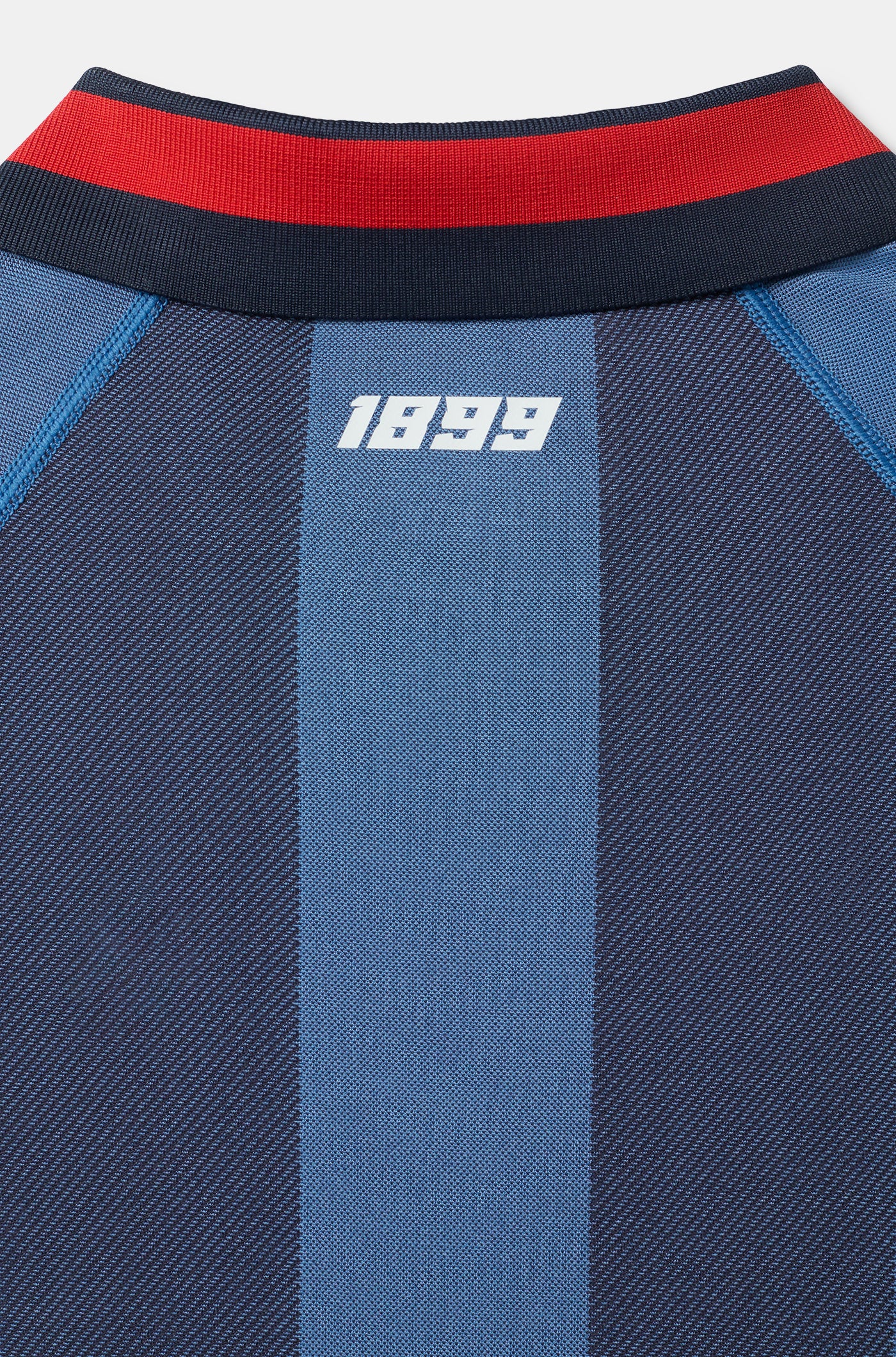 Blue striped polo with shield