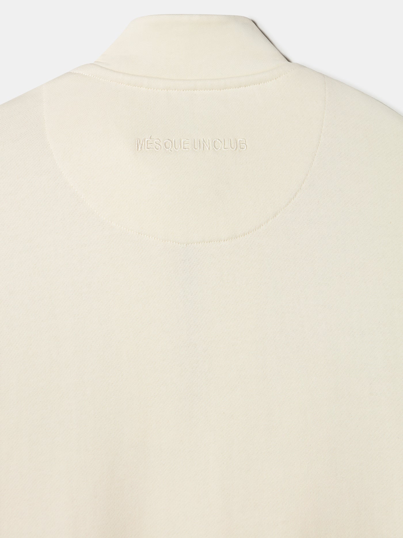 cream-colored Barça sweatshirt with red and navy sleeve stripes and embroidered club crest