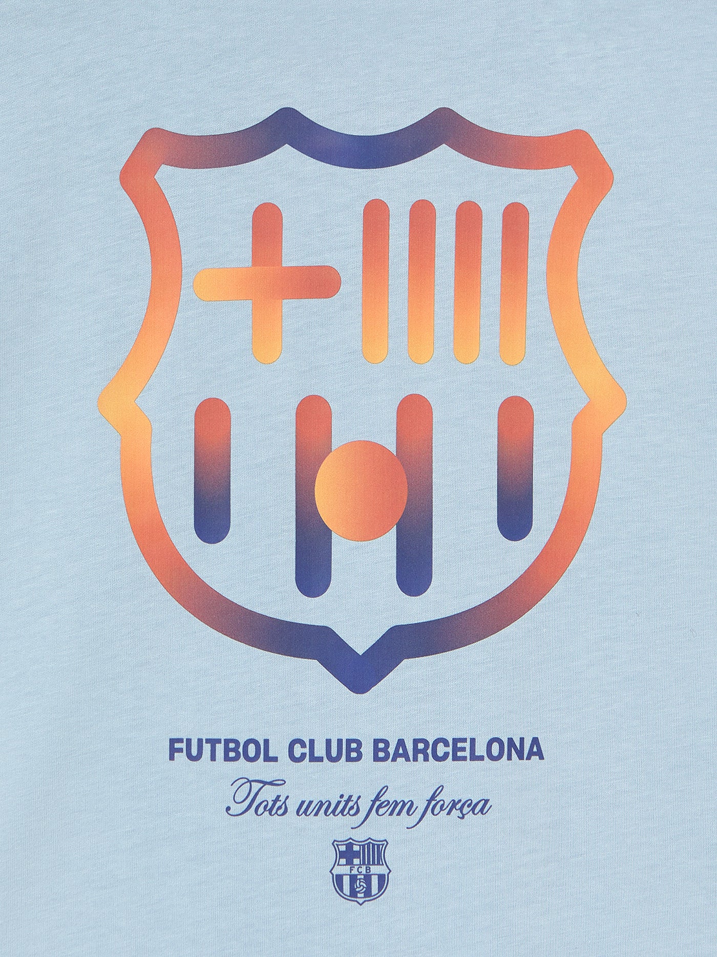 light grey FC Barcelona t-shirt with a large gradient club crest printed on the back, along with the text "Futbol Club Barcelona" and the motto "Tots units fem força