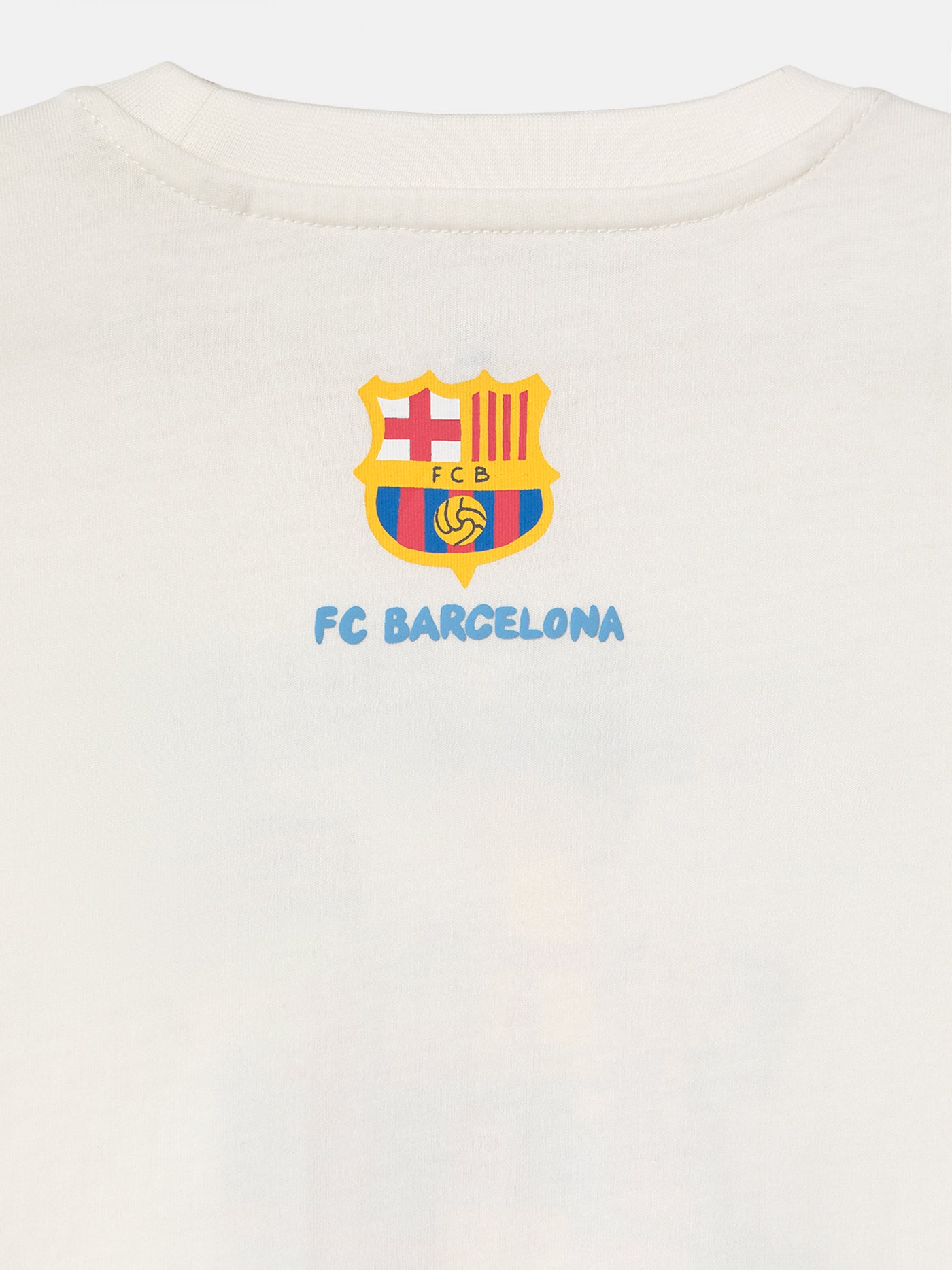 white FC Barcelona T-shirt with colorful cartoon illustrations and the text 'We Are Culers