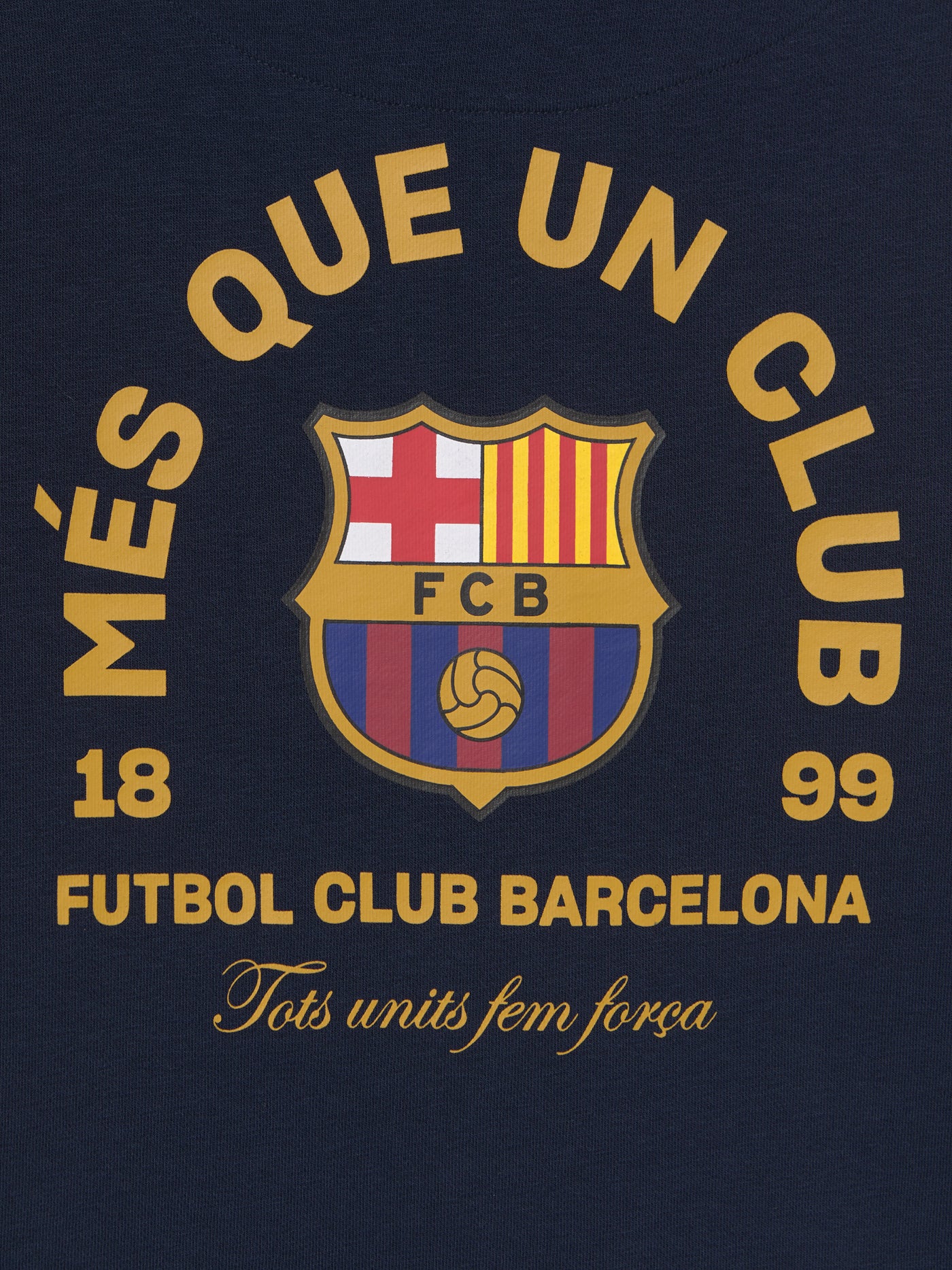 Navy hoodie with FC Barcelona crest and 'Més que un club' slogan printed on the back.
