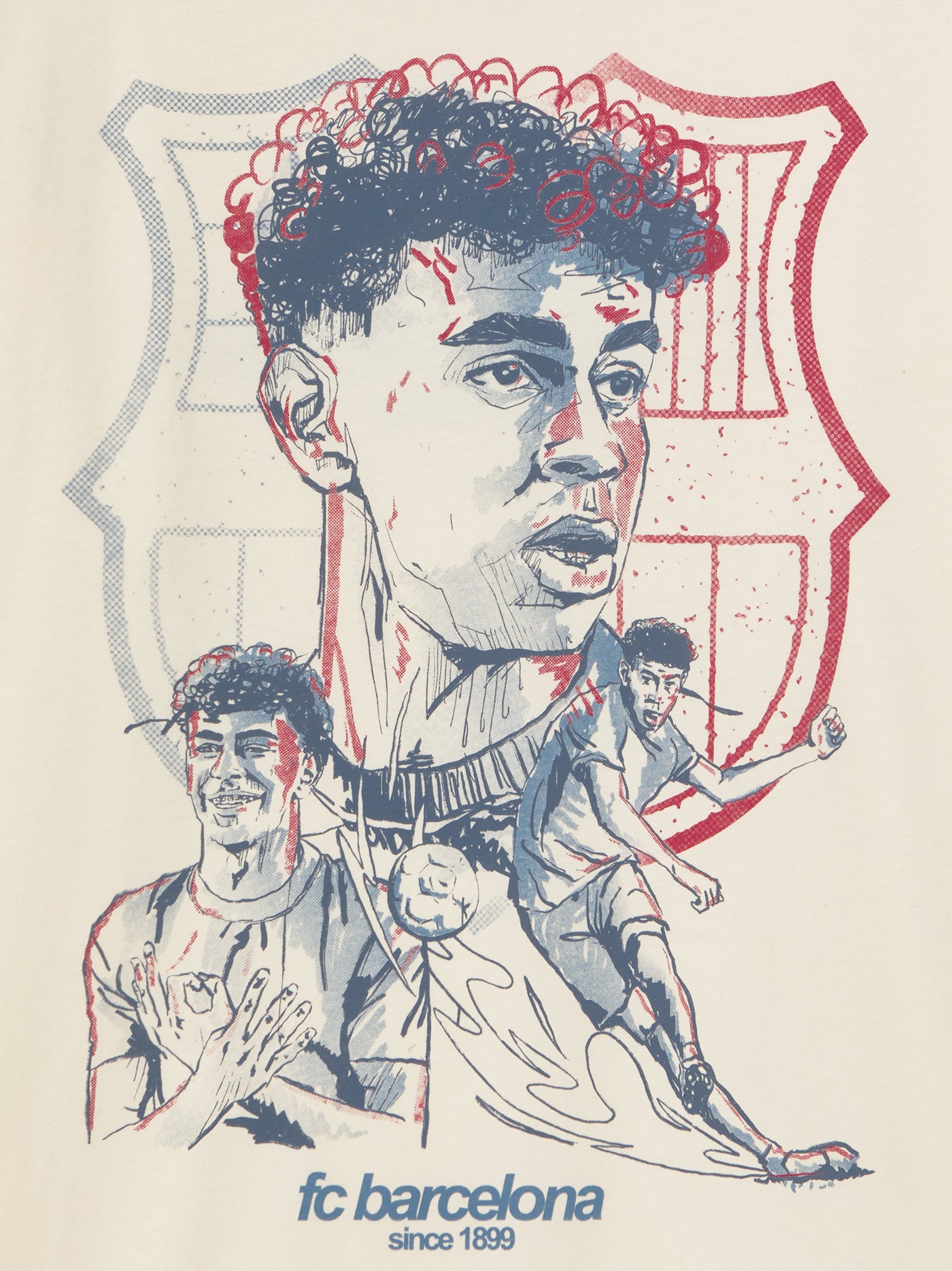 Off-white T-shirt featuring an illustrated graphic of Lamine Yamal with FC Barcelona elements and 'fc barcelona' text on the back.
