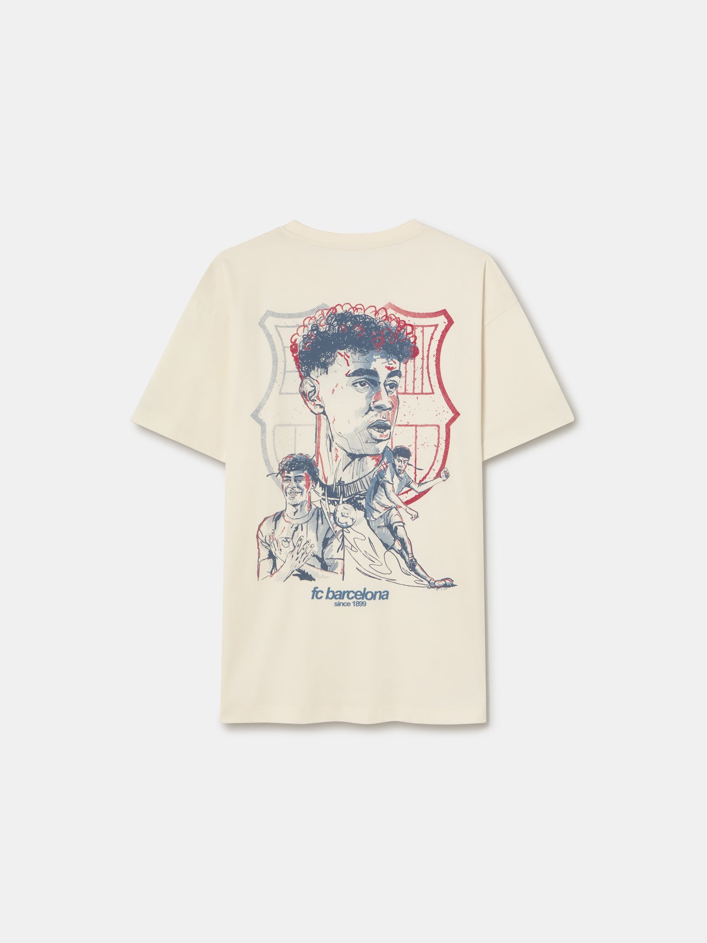Beige FC Barcelona T-shirt featuring an artistic sketch-style print on the back of a male football player in various action poses. Behind the illustrations is the FC Barcelona crest outlined in red and blue. The design includes the text “fc barcelona since 1899” at the bottom.