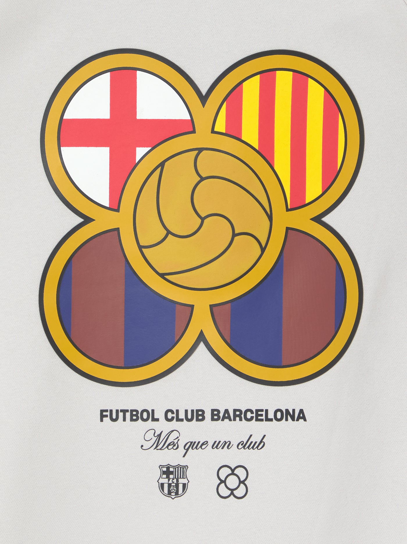 White FC Barcelona hoodie featuring a unique back design with a four-petal flower made of circular emblems: the St. George cross, Catalan flag, blaugrana stripes, and a central golden football. Below the graphic, the text reads “Futbol Club Barcelona” and “Més que un club” along with minimalist logos.