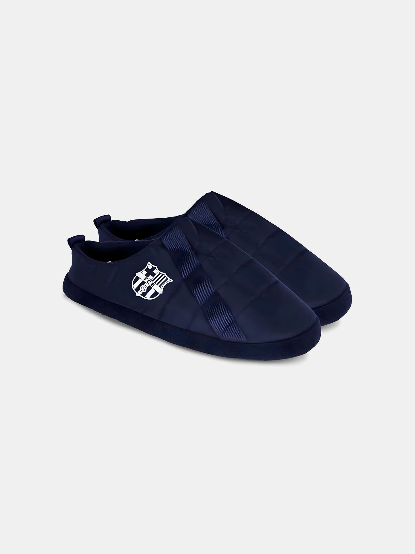 Pair of padded navy blue slippers featuring the FC Barcelona crest on the side