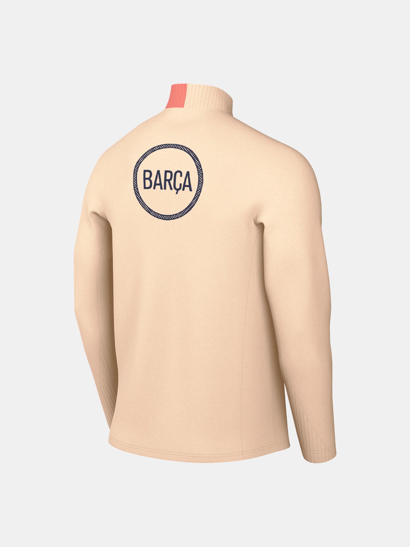 FC Barcelona long-sleeve peach training top with navy Nike logo, club crest, Spotify sponsor, and coral shoulder detail