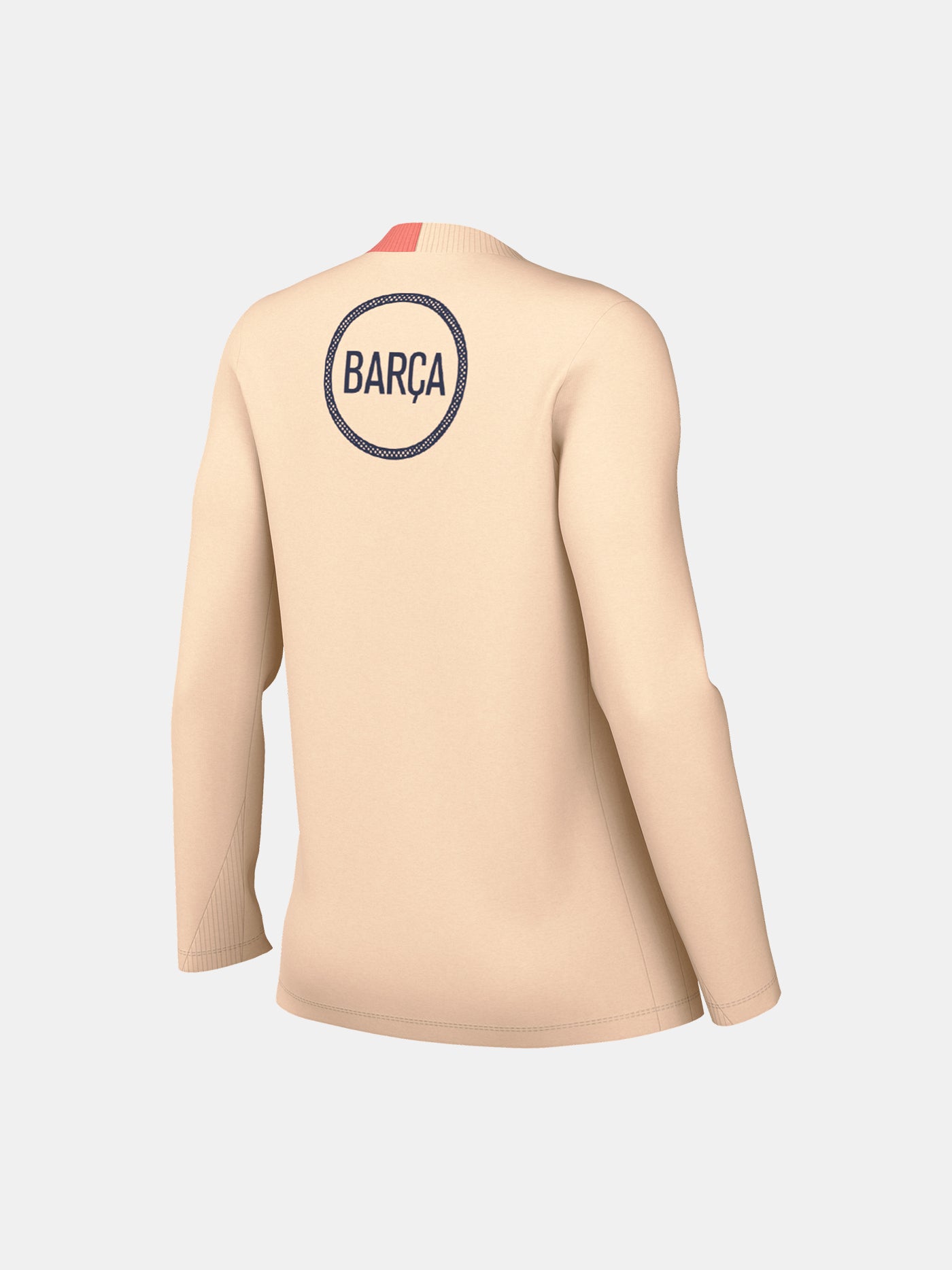 FC Barcelona long-sleeve peach training top with navy Nike logo, club crest, Spotify sponsor, and coral shoulder detail