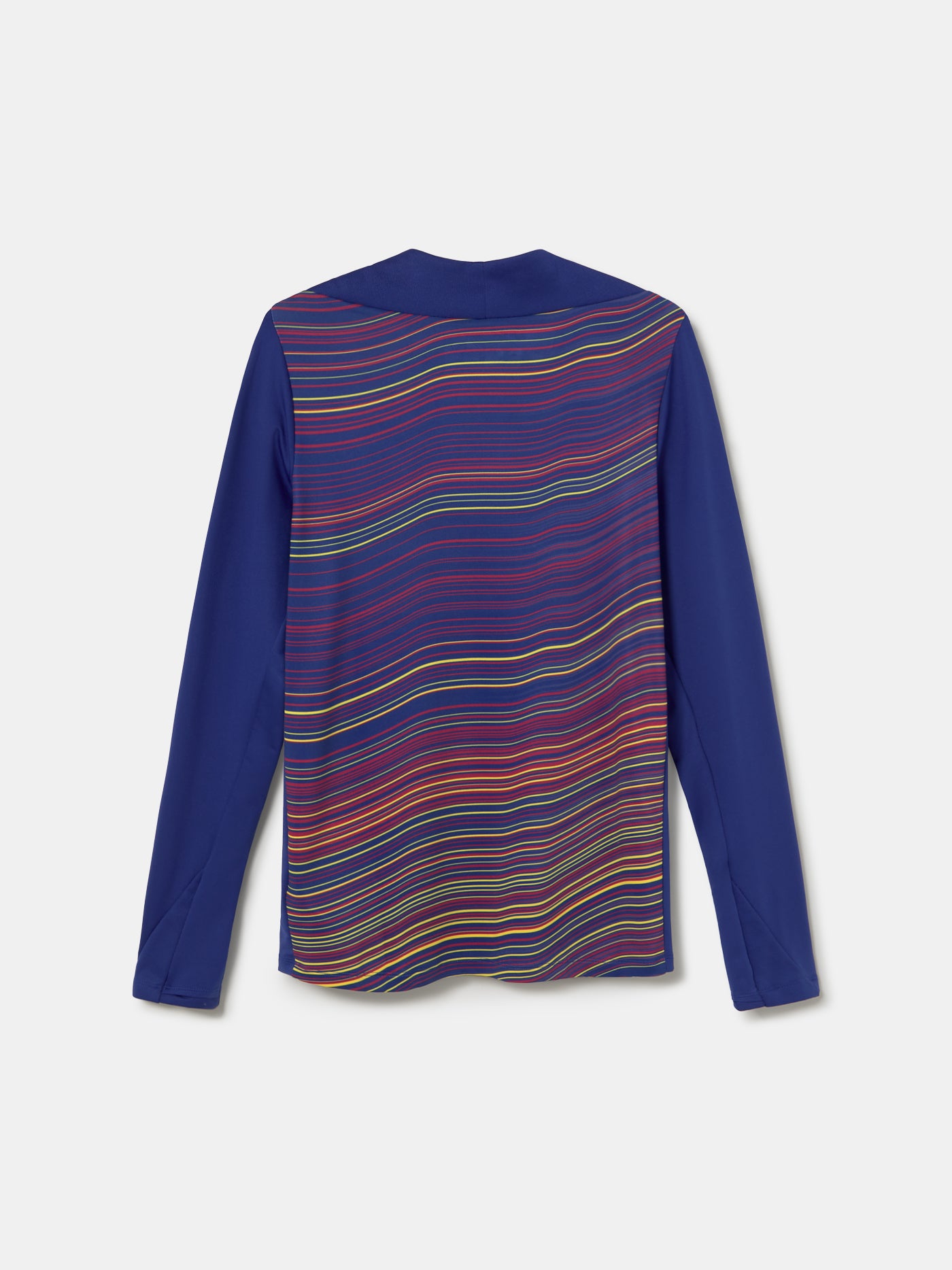 Back view of FC Barcelona 25/26 long-sleeve training top with wavy multicolor pattern, Spotify logo, Nike swoosh, and club crest.