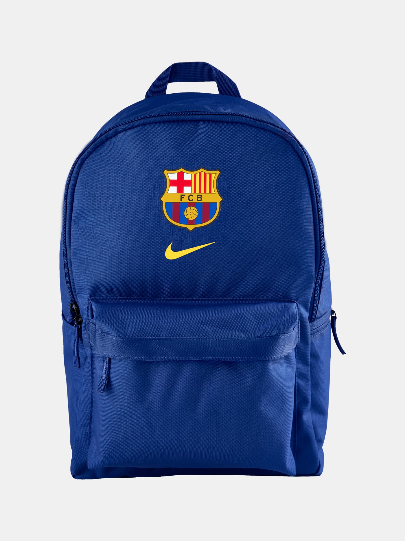 FC Barcelona 2025/26 backpack in deep royal blue, featuring the iconic club crest and a yellow Nike swoosh on the front. Includes a large main compartment, a front zip pocket for essentials, and padded shoulder straps for comfort.