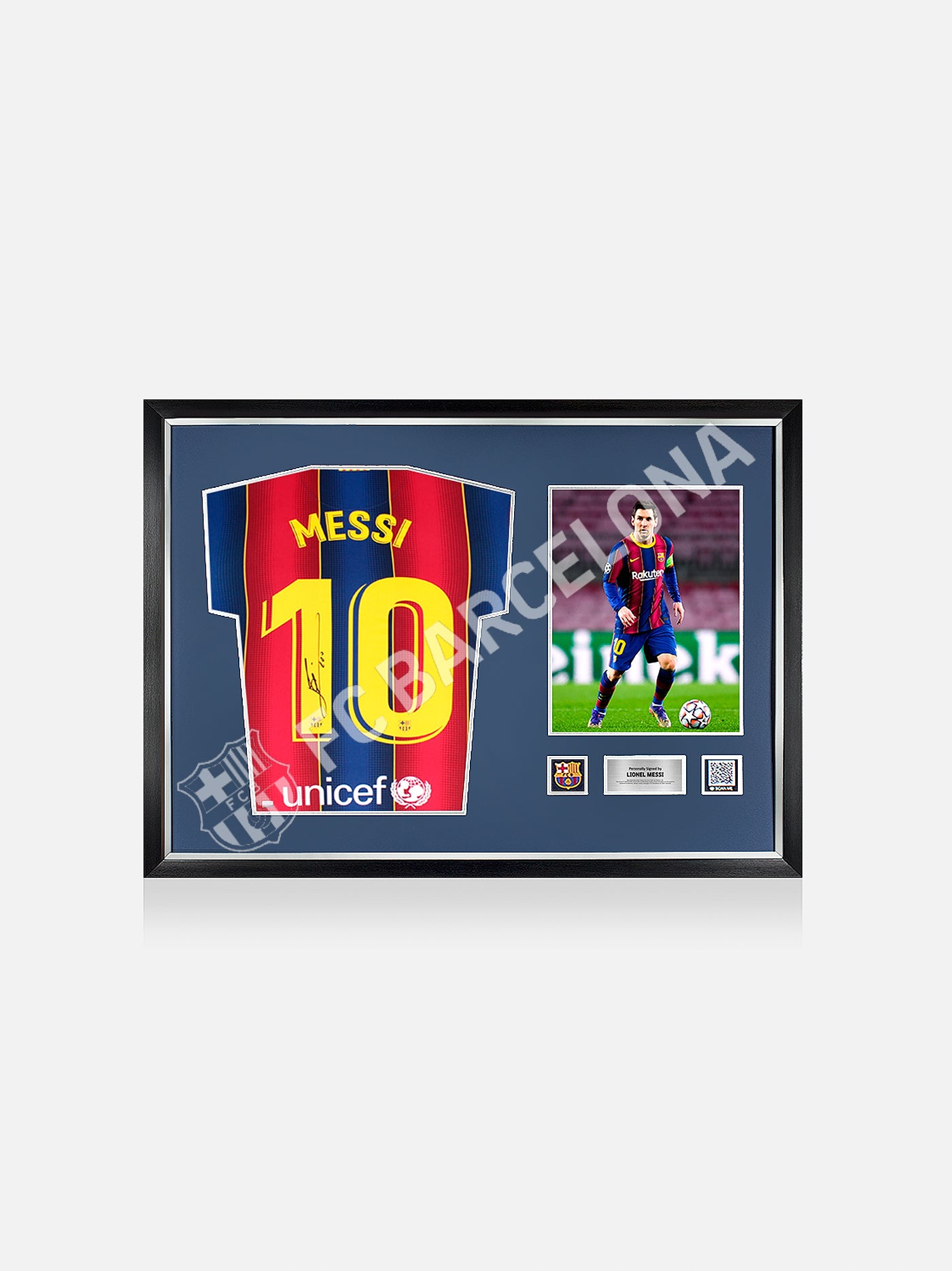 Framed FC Barcelona jersey signed by Messi, displayed with an action photo and official certification.