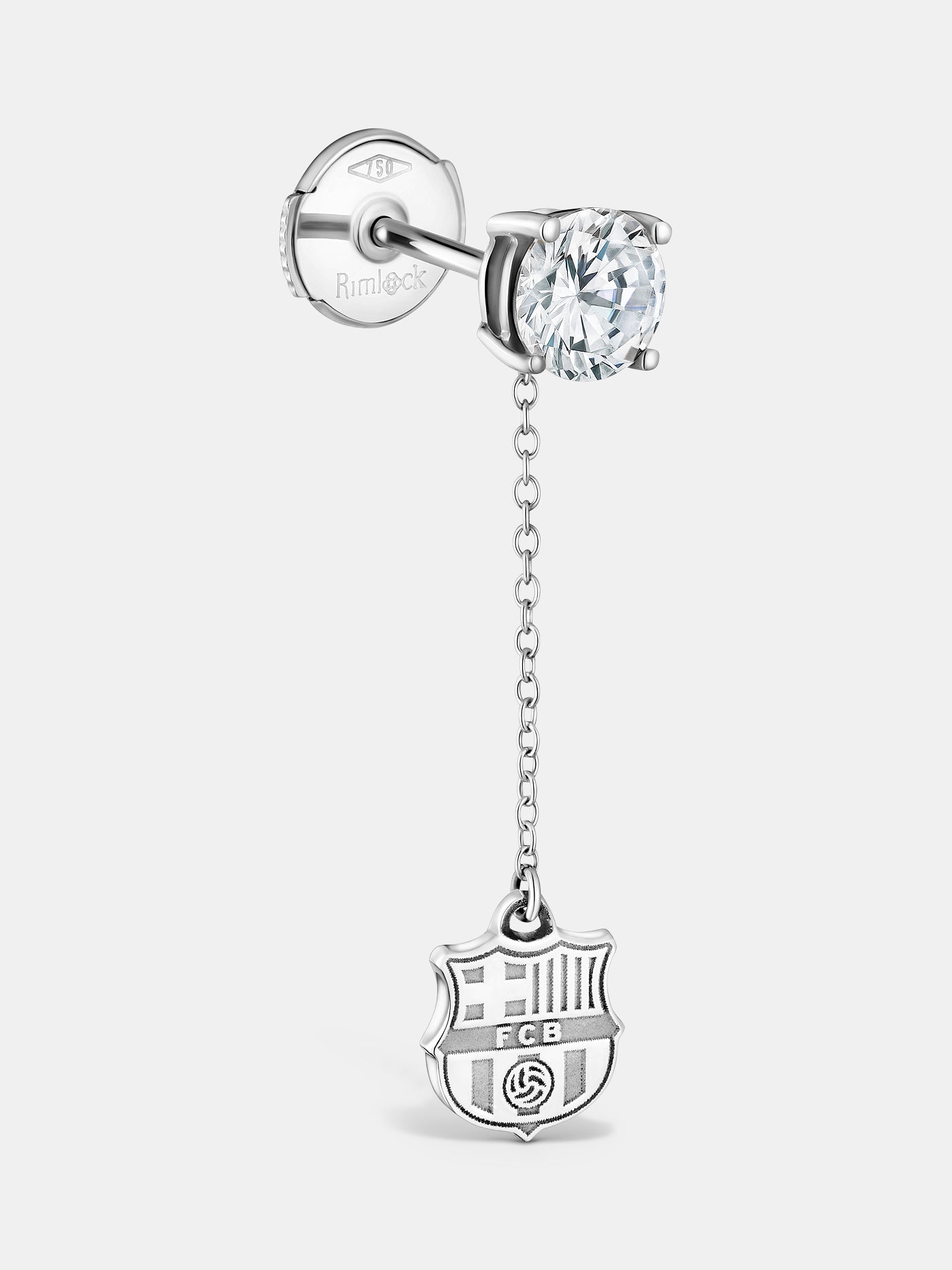 Silver earring featuring a round-cut diamond-like stud connected by a delicate chain to a hanging FC Barcelona crest charm.