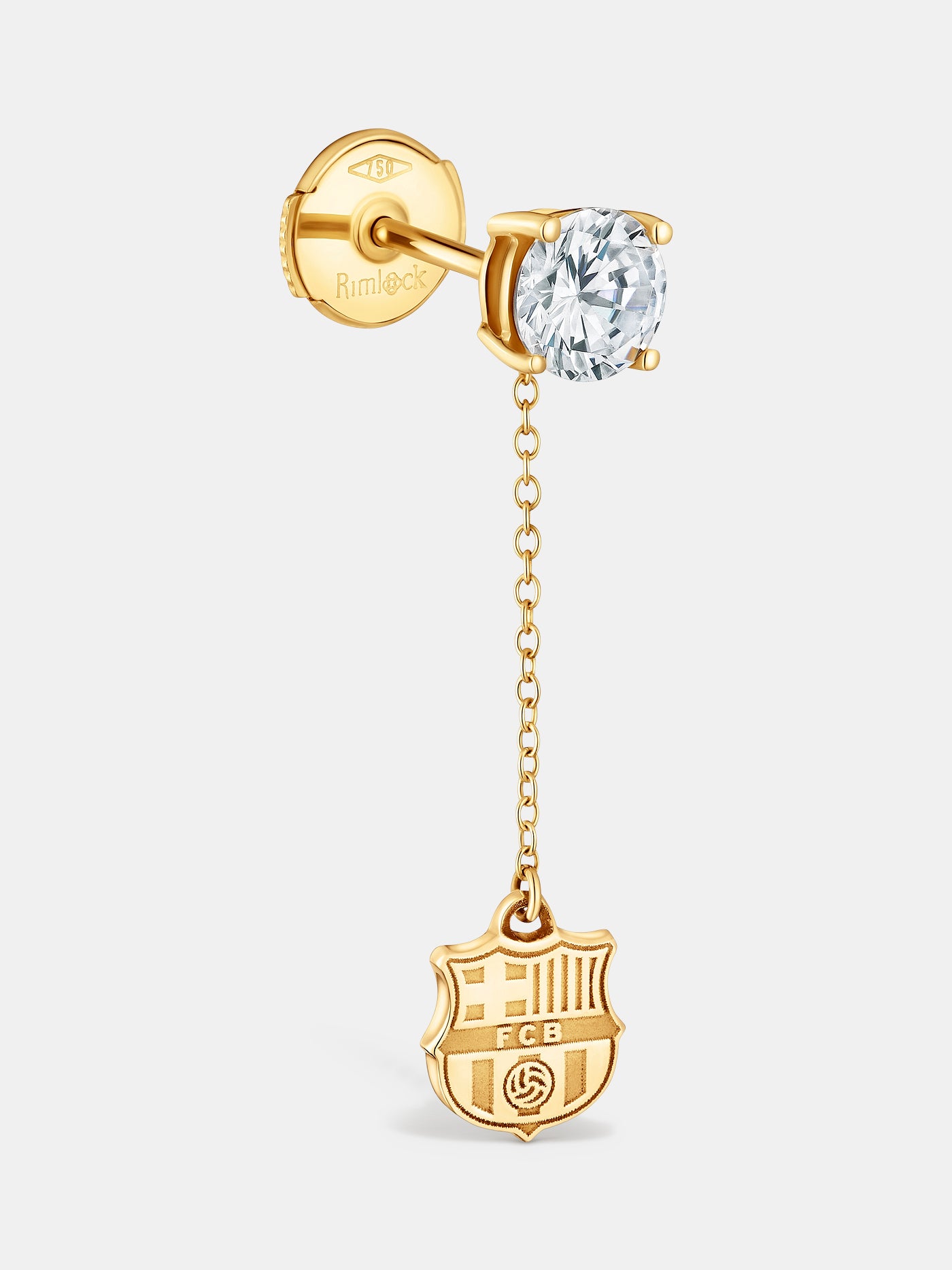 Gold earring featuring a brilliant round-cut diamond-like stud connected by a fine chain to a dangling FC Barcelona crest charm.