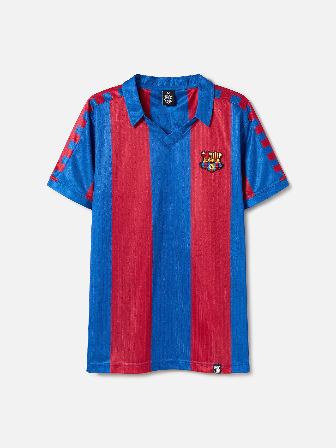 Red and blue striped FC Barcelona jersey with number 10 on the back, paired with a matching scarf around the waist.
