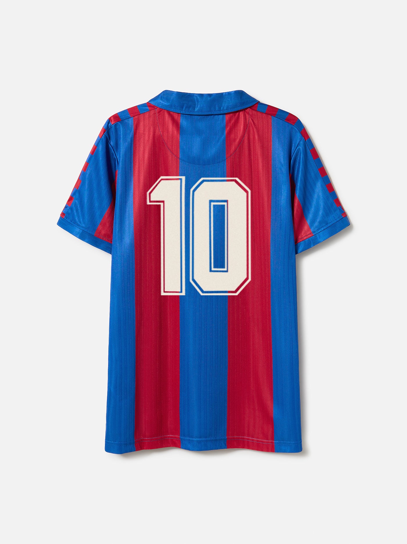 Red and blue striped FC Barcelona jersey with number 10 on the back, paired with a matching scarf around the waist.