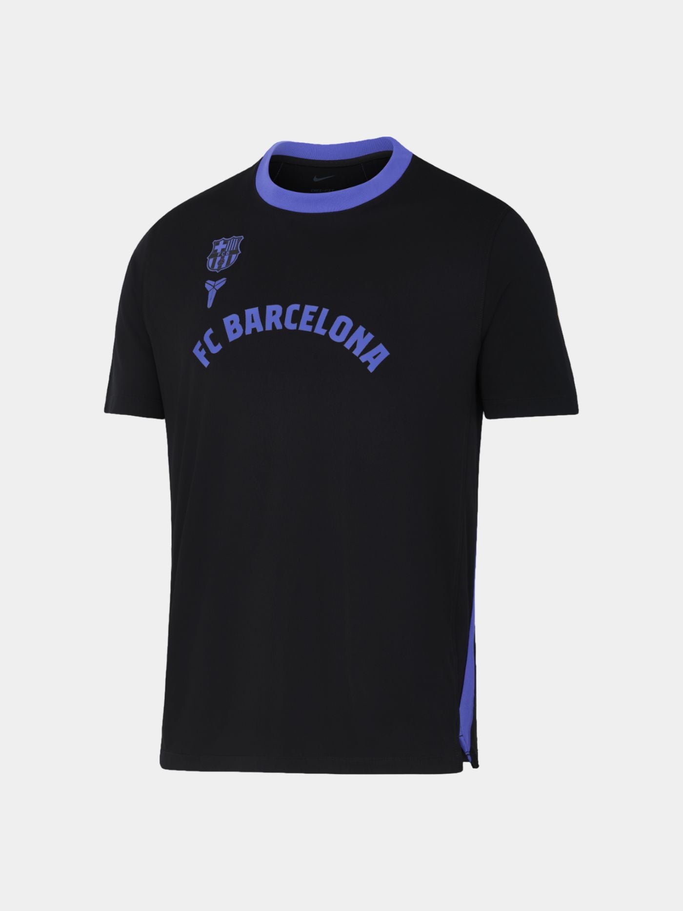 Black FC Barcelona t-shirt with purple accents, featuring the club crest and Kobe Bryant logo on the chest, along with 'FC Barcelona' text in purple across the front