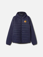 Front view of a navy FC Barcelona hooded padded jacket with the club crest on the left chest.