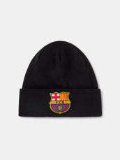 Bonnet noir FC Barcelona avec revers replié et écusson du club brodé sur le devant.