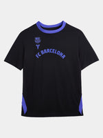 Black FC Barcelona t-shirt with purple accents, featuring the club crest and Kobe Bryant logo on the chest, along with 'FC Barcelona' text in purple across the front