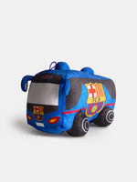 Juguete de autobús de peluche del FC Barcelona en azul y negro, con escudos del club y ruedas.