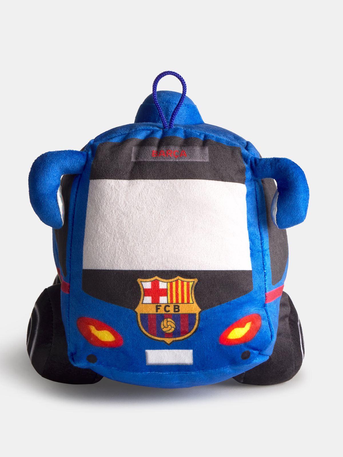 Vista frontal de una mochila de peluche con forma de autobús de FC Barcelona, en azul y negro, con el escudo del Barça y detalles de pilotos traseros rojos.