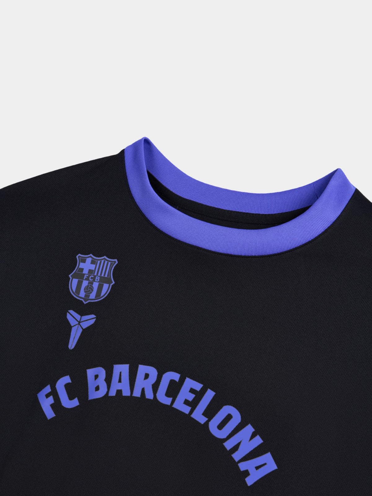 Black FC Barcelona t-shirt with purple accents, featuring the club crest and Kobe Bryant logo on the chest, along with 'FC Barcelona' text in purple across the front