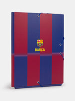 Red and blue striped folder with elastic bands and FC Barcelona crest with 'Barça' text on the front
