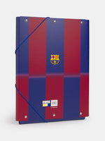 Red and blue striped folder with elastic bands and FC Barcelona crest with 'Barça' text on the front
