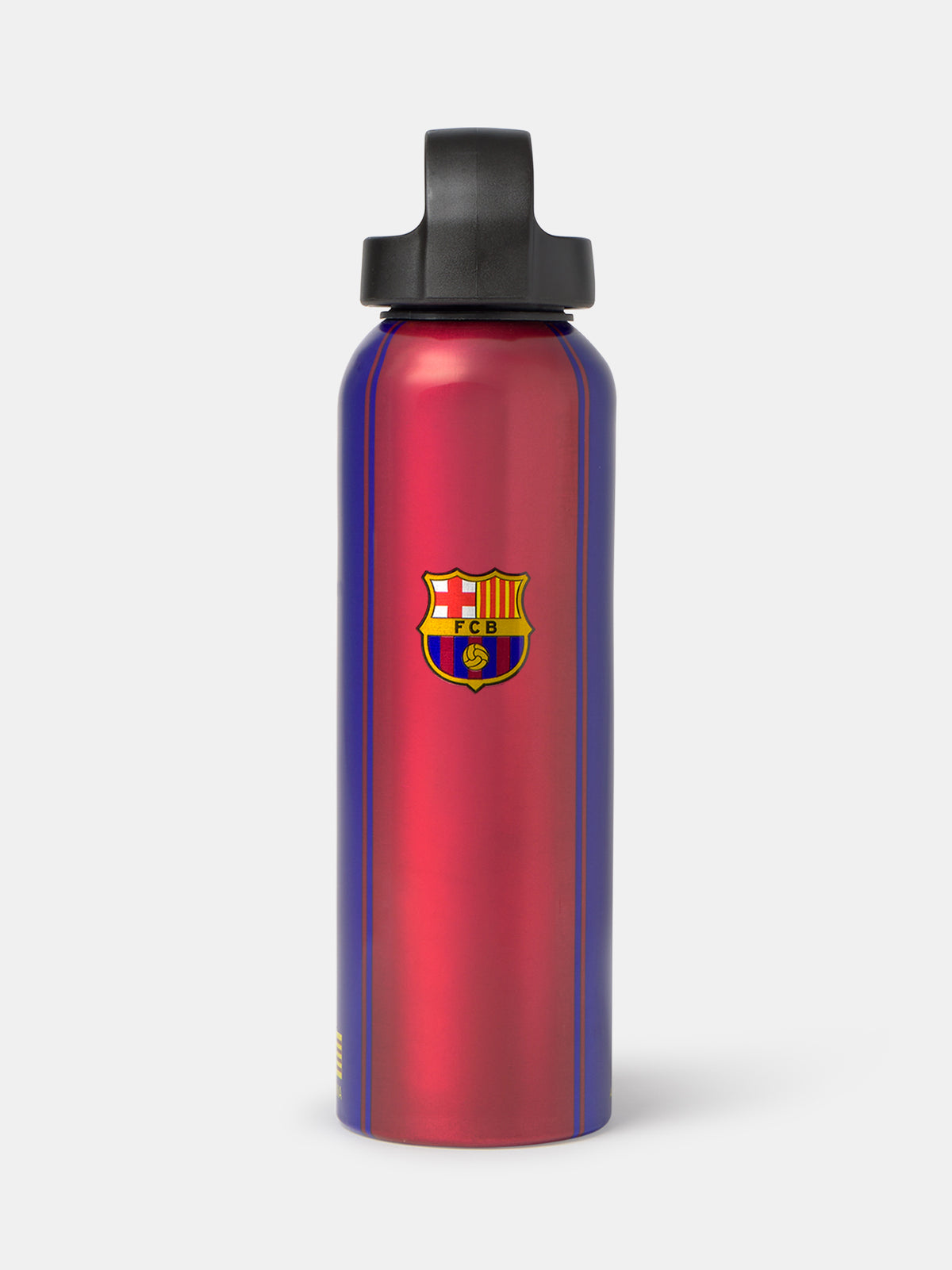 Red and blue aluminum water bottle with FC Barcelona crest on the front.